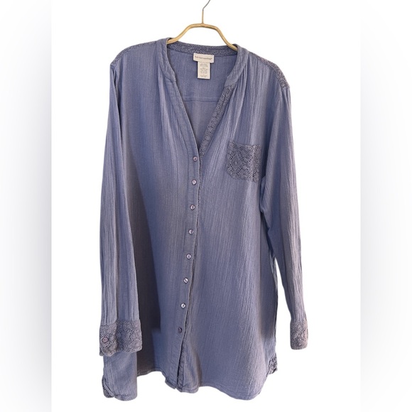 Soft Surroundings Lilac Periwinkle Gauze Lace Trim Button Front Tunic Top L - Picture 2 of 4